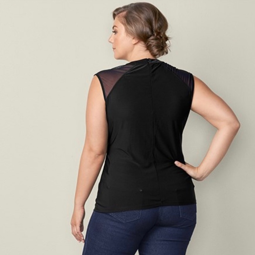 Black Mesh Inset Cap Sleeve Top - Picture 3 of 5